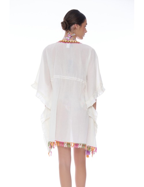 Miss bikini - poncho ricamo e nappine folk v6024d cotone/lino bianco
