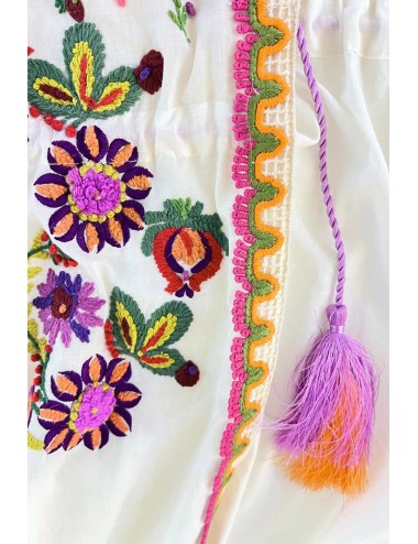 Miss bikini - poncho ricamo e nappine folk v6024d cotone/lino bianco