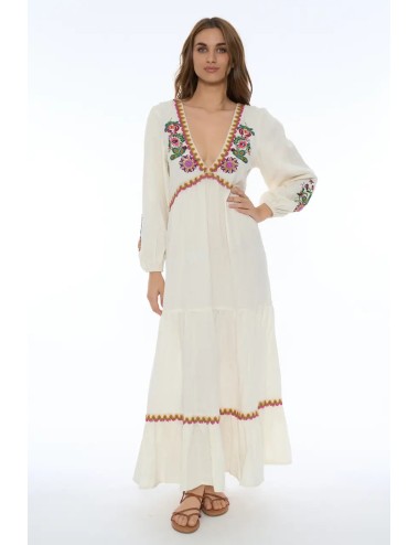 Miss bikini - abito lungo ricamo folk v6025d cotone/lino bianco