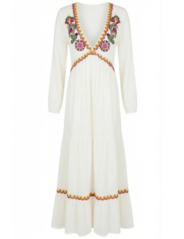 Miss bikini - abito lungo ricamo folk v6025d cotone/lino bianco