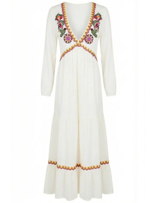 Miss bikini - abito lungo ricamo folk v6025d cotone/lino bianco