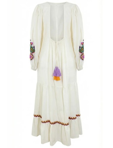 Miss bikini - abito lungo ricamo folk v6025d cotone/lino bianco