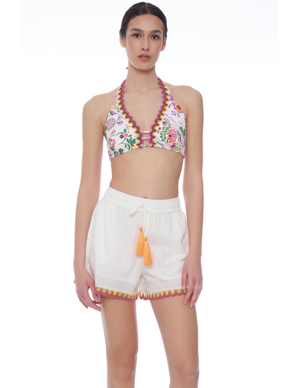 Miss bikini - shorts con ricami e nappe v6061d cotone/lino bianco