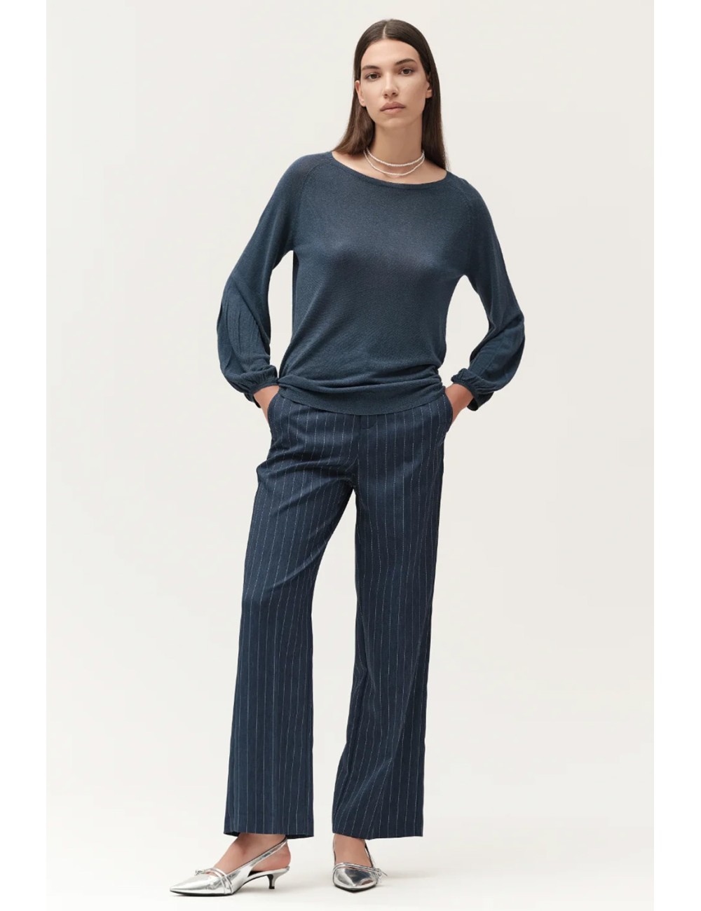 Pantalone gessato con vita elasticizzata ww30542 blu