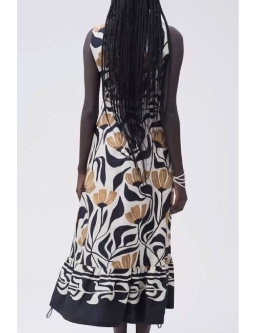 Abito lungo smanicato in cotone fantasia ww30702 nero burro +++