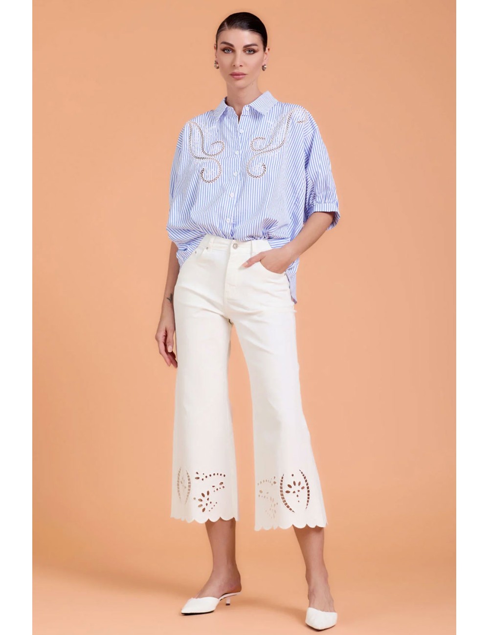 Take two - lily gabardina stretch con fondo ricamo dk02210 bianco