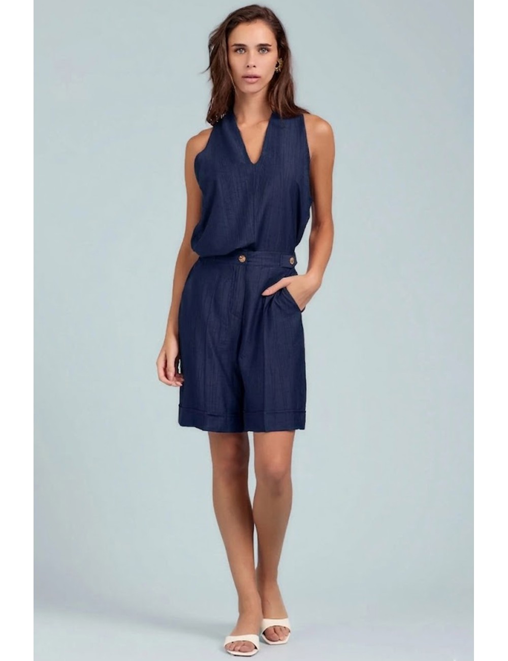 Take two - bermuda doppi bottoni in plisse dk03016 blu