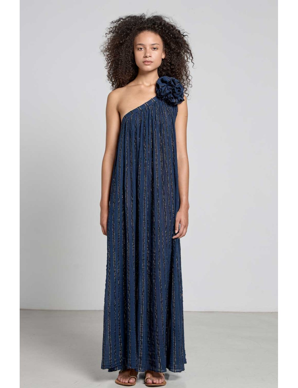 Christianzen - abito lungo con fiore calista lurex midnight blue