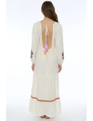 Miss bikini - abito lungo ricamo folk v6025d cotone/lino bianco