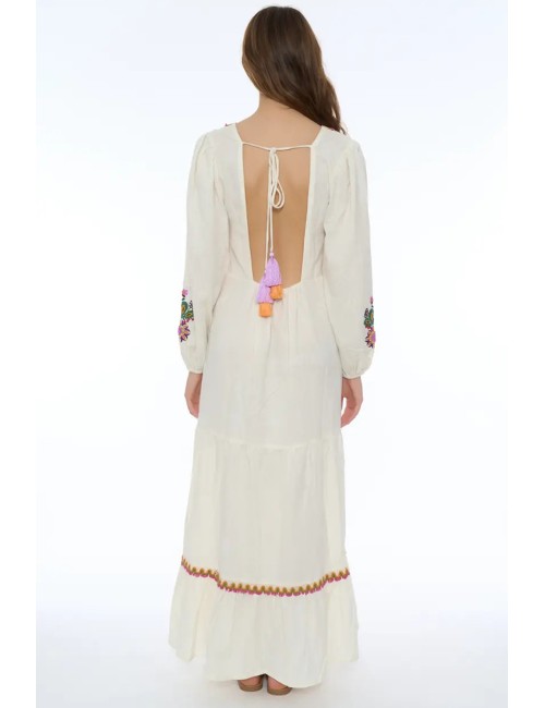 Miss bikini - abito lungo ricamo folk v6025d cotone/lino bianco