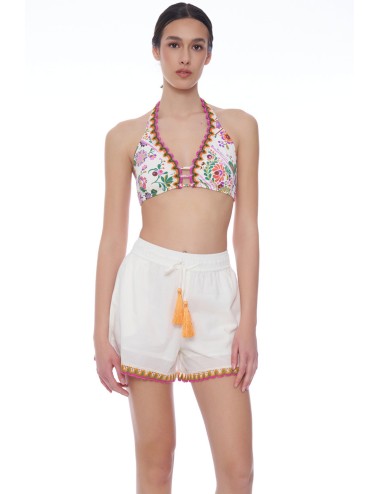 Miss bikini - shorts con ricami e nappe v6061d cotone/lino bianco