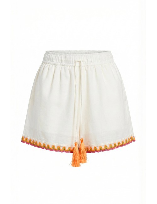 Miss bikini - shorts con ricami e nappe v6061d cotone/lino bianco