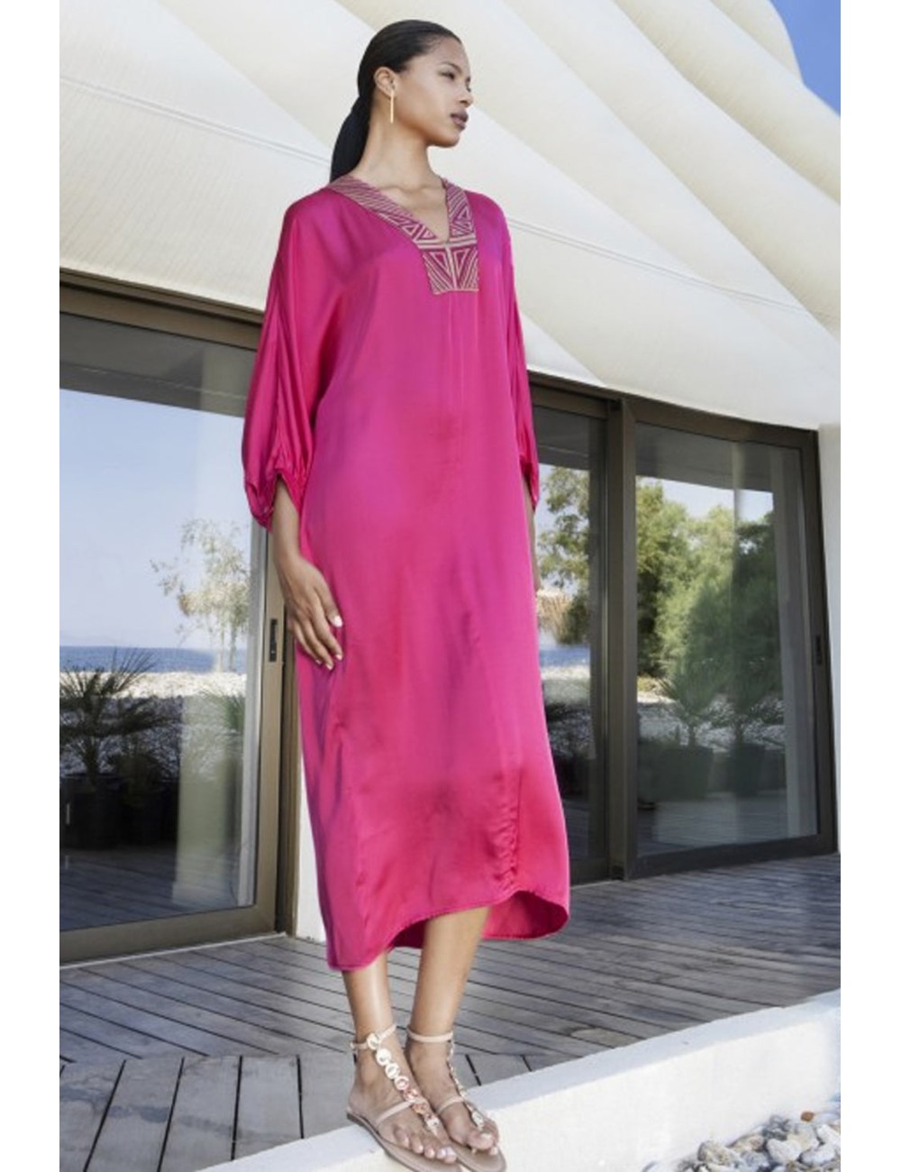 Aggèl - abito a tunica in raso con dettagli in maglia ss63107kf fuchsia