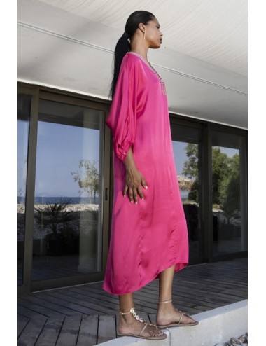 Aggèl - abito a tunica in raso con dettagli in maglia ss63107kf fuchsia