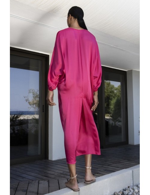 Aggèl - abito a tunica in raso con dettagli in maglia ss63107kf fuchsia