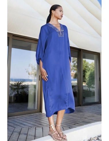 Aggèl - abito a tunica in raso con dettagli in maglia ss63107kf royal blu