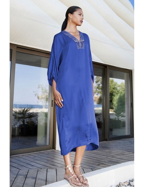 Aggèl - abito a tunica in raso con dettagli in maglia ss63107kf royal blu