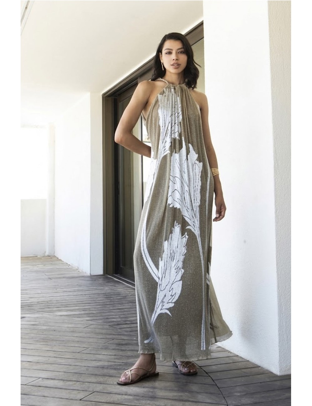 Aggèl - abito midi in plisse metallizzato con dettagli in maglia ss63151kf gold