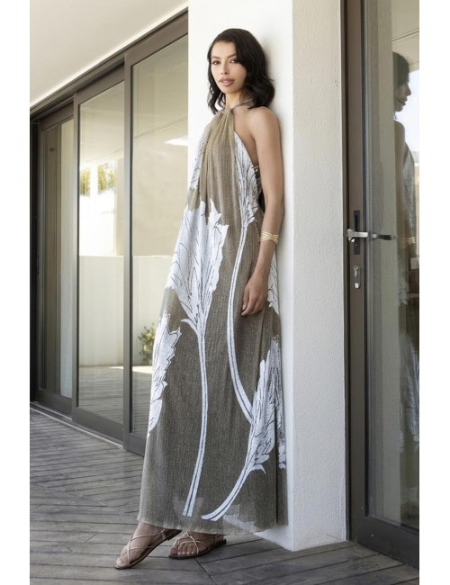 Aggèl - abito midi in plisse metallizzato con dettagli in maglia ss63151kf gold