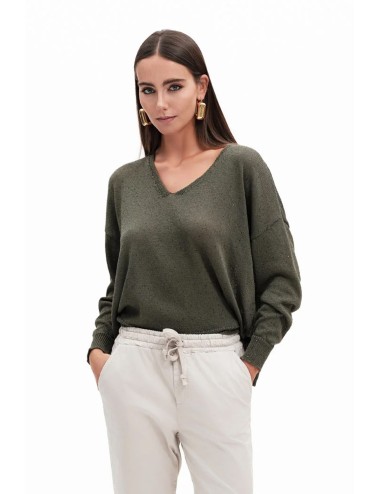 Maglia donna scollo v fresh flower tessuto leggero micropaillettes verde