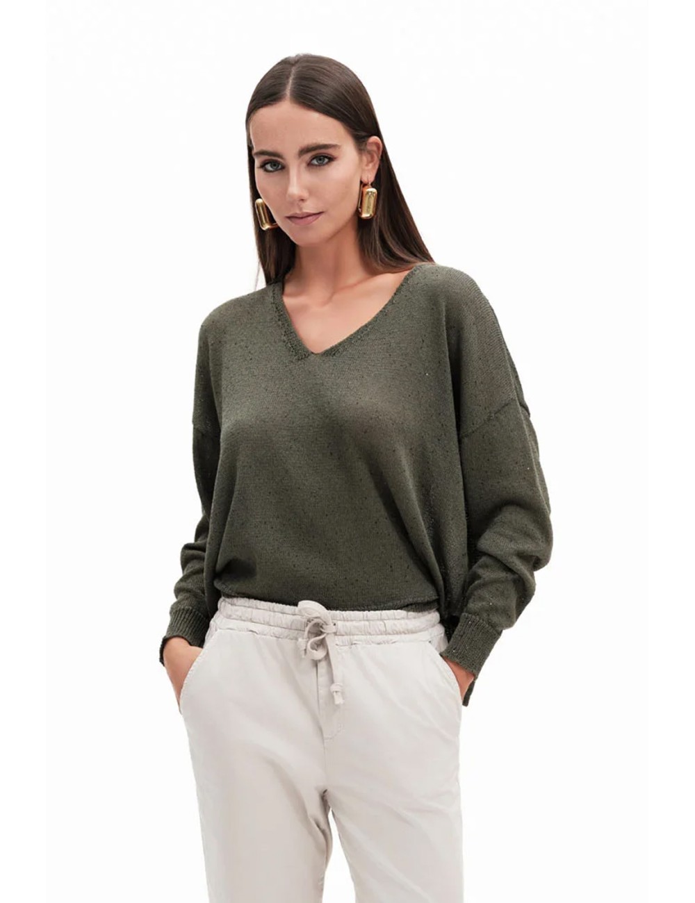 Maglia donna scollo v fresh flower tessuto leggero micropaillettes verde