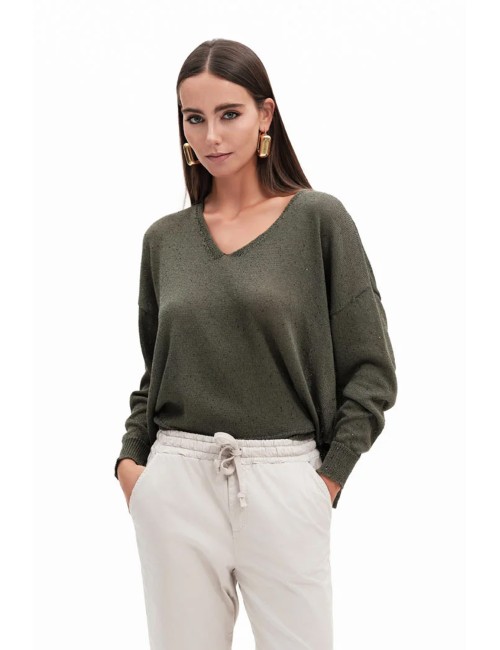 Maglia donna scollo v fresh flower tessuto leggero micropaillettes verde