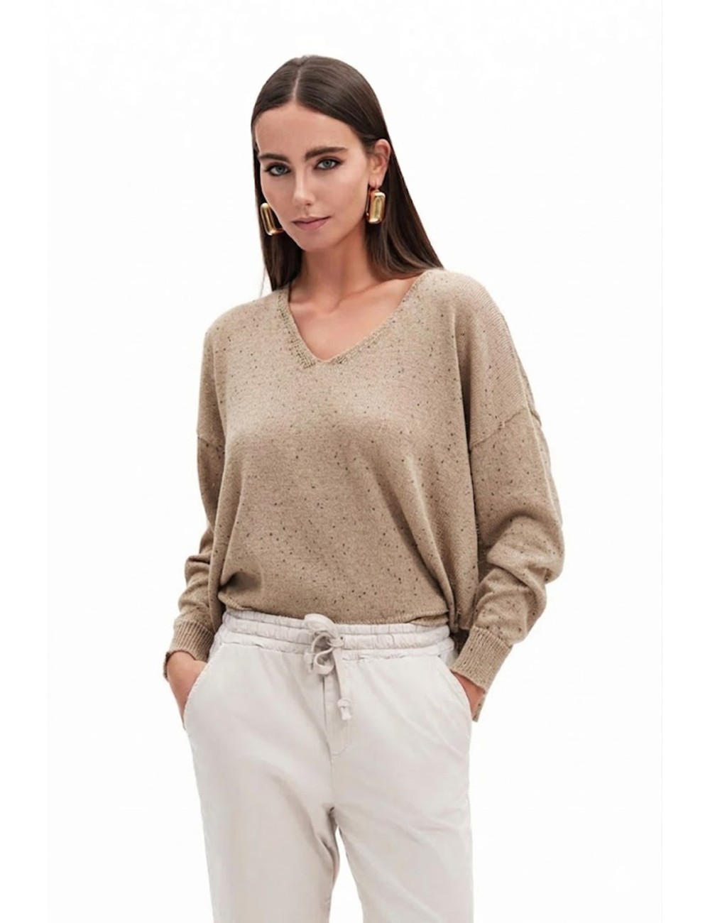 Maglia donna scollo v fresh flower tessuto leggero micropaillettes sabbiafd486 sabbia