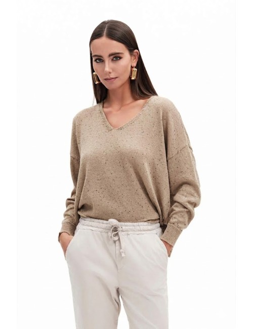 Maglia donna scollo v fresh flower tessuto leggero micropaillettes sabbiafd486 sabbia