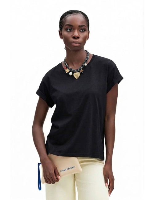 T-shirt donna fresh flower filo di scozia nero con pochette