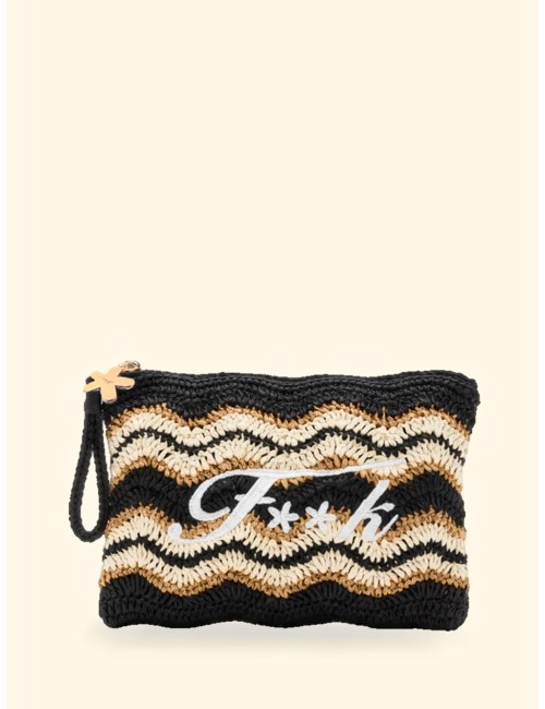 Effek - donna pochette paglia fk logo ricamato nero beige fk26-sw0070bk