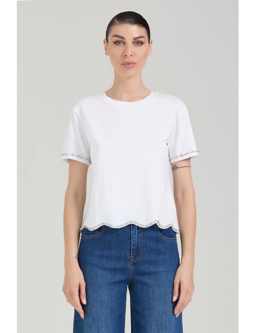 Donna t-shirt take two cotone bianco applicazioni gioiello xs-xl