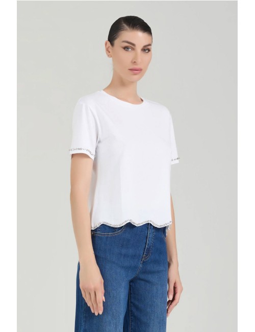 Donna t-shirt take two cotone bianco applicazioni gioiello xs-xl