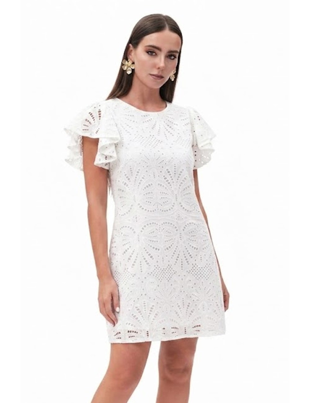 Donna abito fresh flower pizzo sangallo bianco manica ruches