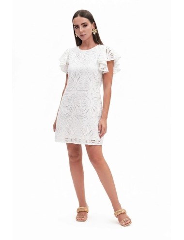 Donna abito fresh flower pizzo sangallo bianco manica ruches