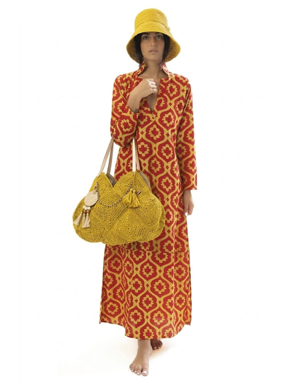 Donna abito lungo karamell viscosa fantasia etnica rosso giallo