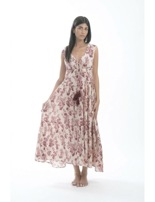 Donna abito lungo karamell cotone fantasia bordeaux beige