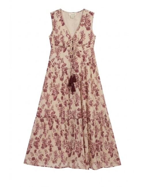 Donna abito lungo karamell cotone fantasia bordeaux beige