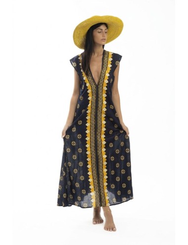 Donna abito lungo karamell cotone fantasia etnica nero giallo