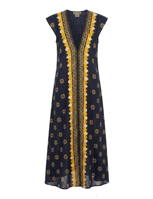 Donna abito lungo karamell cotone fantasia etnica nero giallo