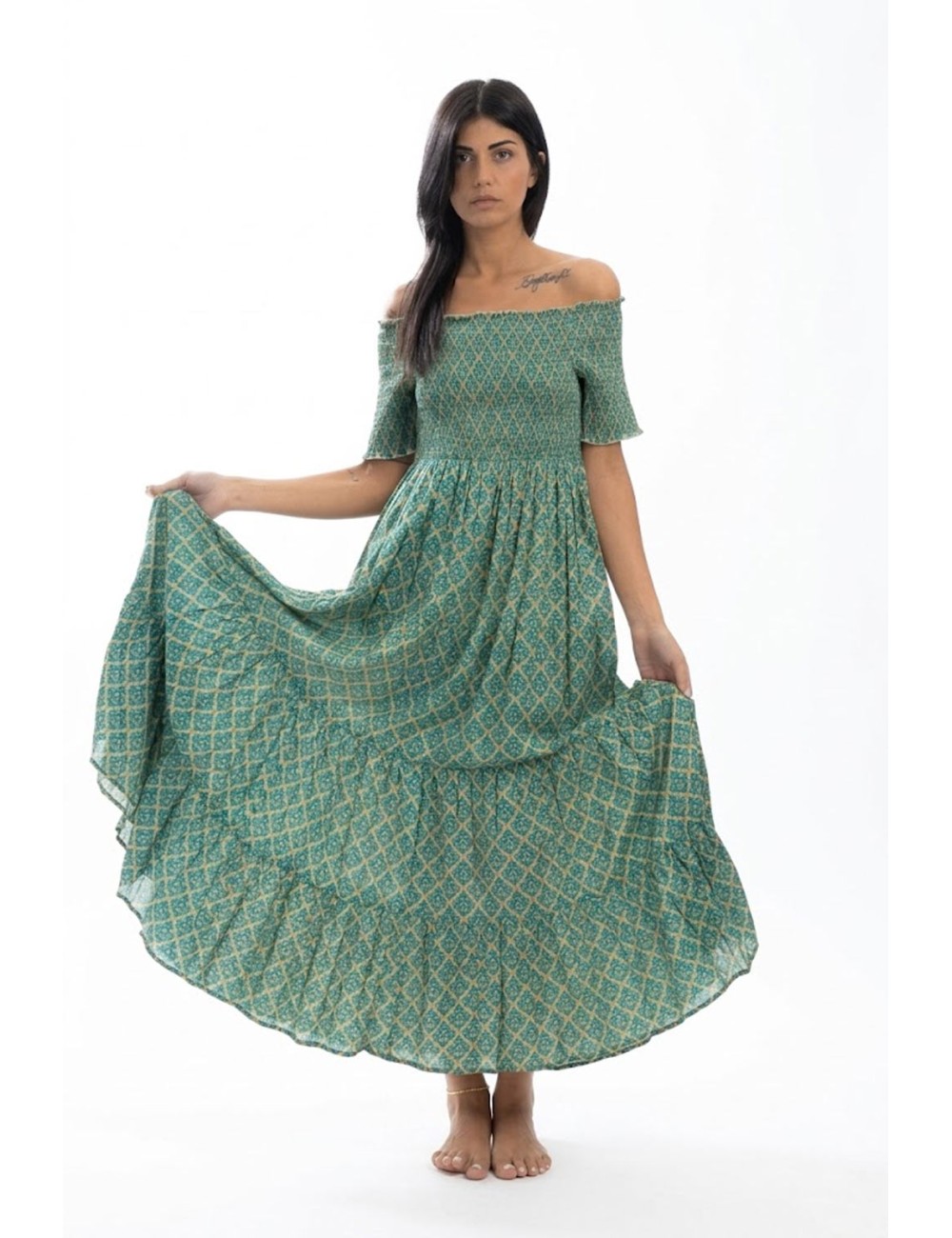 Donna abito karamell cotone fantasia verde elasticizzato