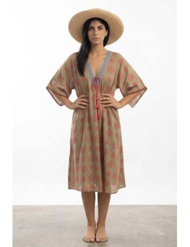 Donna abito karamell cotone manica 3/4 fantasia corda fucsia