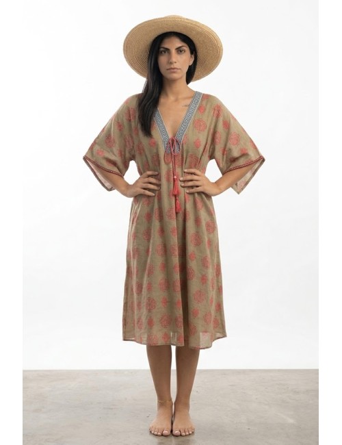 Donna abito karamell cotone manica 3/4 fantasia corda fucsia