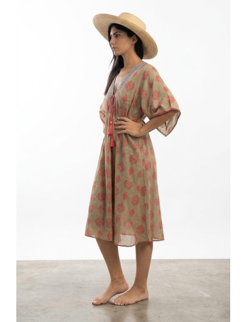 Donna abito karamell cotone manica 3/4 fantasia corda fucsia