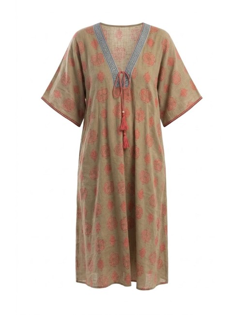 Donna abito karamell cotone manica 3/4 fantasia corda fucsia