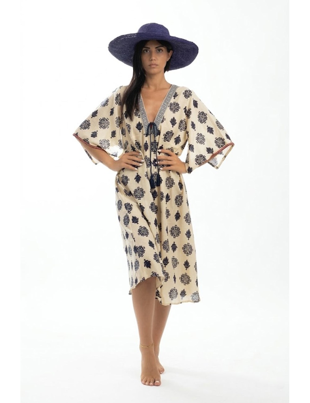 Donna abito karamell cotone manica 3/4 panna blu geometrico