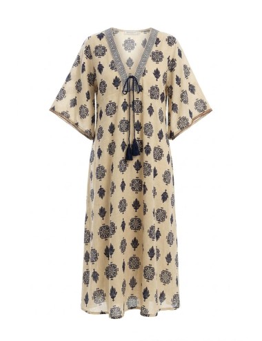 Donna abito karamell cotone manica 3/4 panna blu geometrico