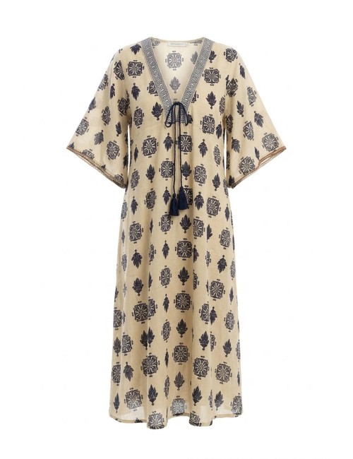 Donna abito karamell cotone manica 3/4 panna blu geometrico