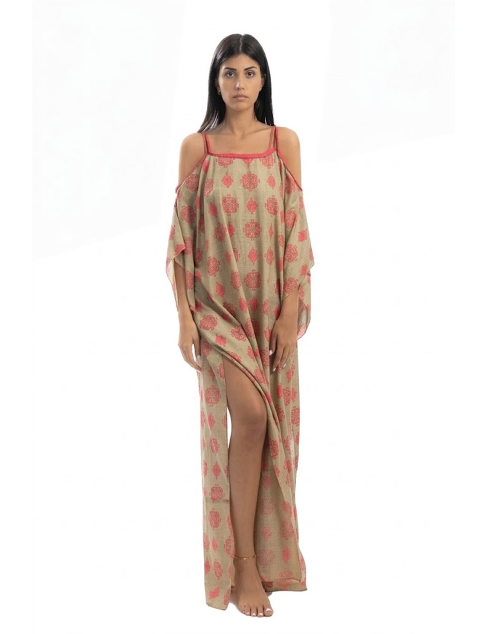 Donna abito lungo karamell cotone omeri scoperti corda fucsia