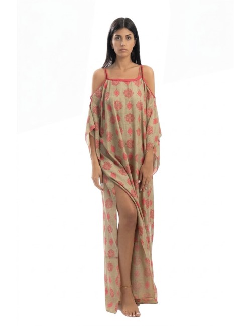 Donna abito lungo karamell cotone omeri scoperti corda fucsia