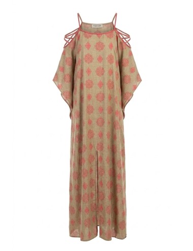 Donna abito lungo karamell cotone omeri scoperti corda fucsia